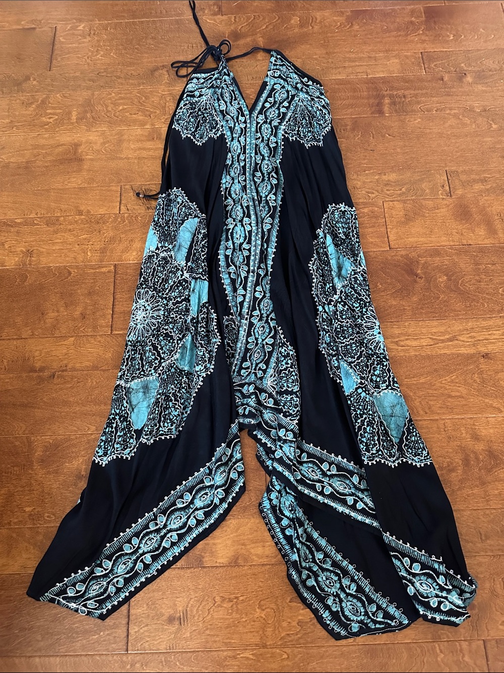 Black and Teal Asymmetrical Halter Dress